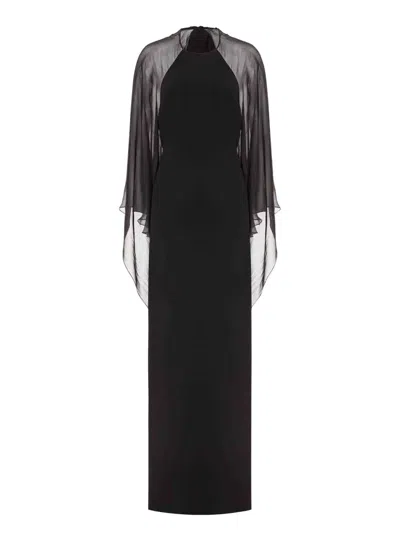 Alberta Ferretti Long-sleeve Chiffon Cape Backless Maxi Dress In Black