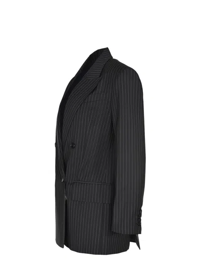 Max Mara Black Pinstriped Double-breasted Wool Jacket In Black