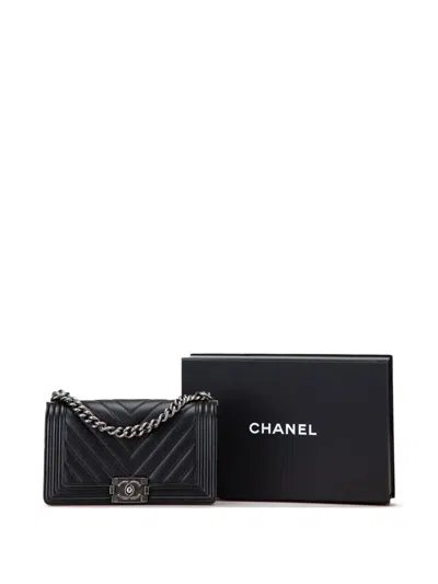 Pre-owned Chanel 2017-2018 Old Medium Chevron Caviar Boy Flap Crossbody Bag In Black