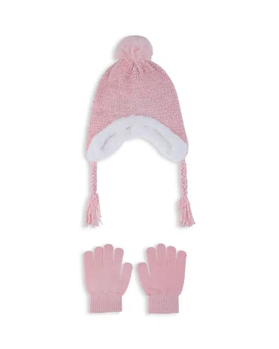 Capelli Girls' Chunky Chenille Knit Earflap Hat With Faux Fur Lining & Gloves Set - Little Kid, Big Kid In Pink