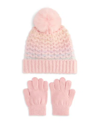 Capelli Girls' Birds Eye Heart Knit Cuff Beanie With Faux Fur Pom & Gloves Set - Little Kid, Big Kid