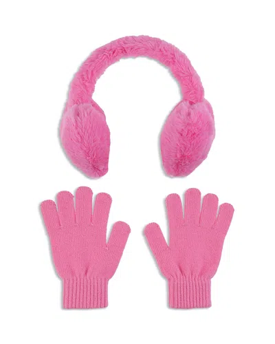 Capelli Girls' Oversized Heart Faux Fur Earmuffs With Adjustable Faux Fur Halo & Gloves Set - Big Kid In Pink