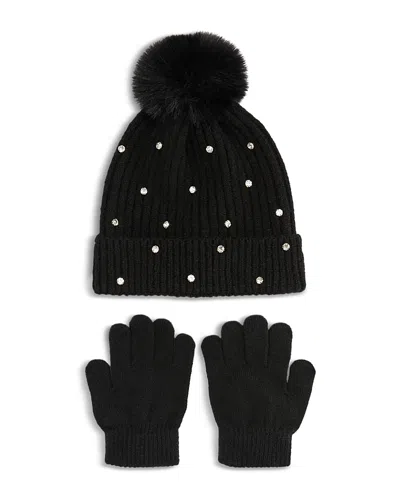 Capelli Girls' Rhinestone Beanie With Faux Fur Pom & Gloves Set - Little Kid, Big Kid In Black