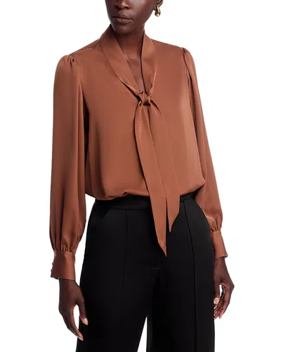 T Tahari Long Sleeve Bow Tie Neck Blouse In Brown
