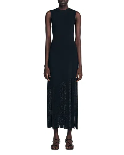 Sandro Fringed Maxi Dress In Black