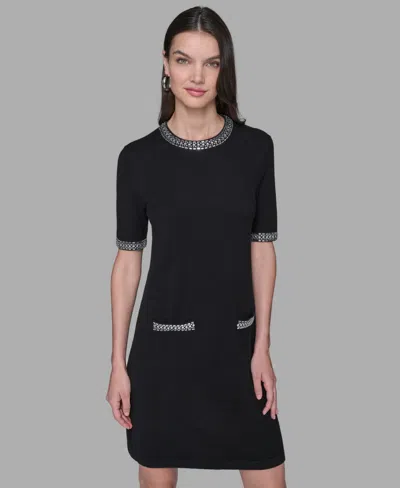 Karl Lagerfeld Rhinestone Trim A Line Dress In Black