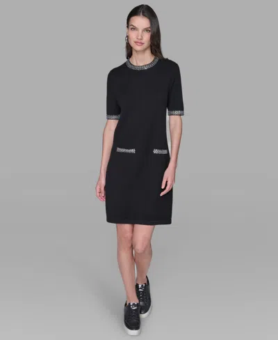 Karl Lagerfeld Rhinestone Trim A Line Dress In Black
