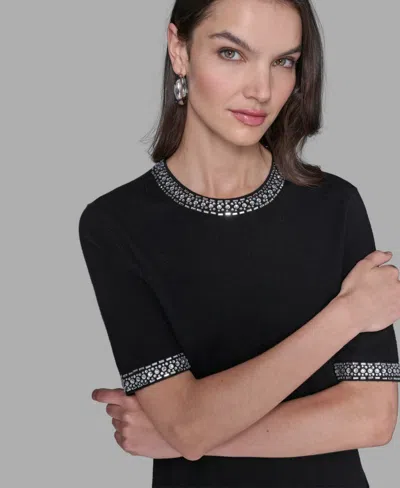 Karl Lagerfeld Rhinestone Trim A Line Dress In Black