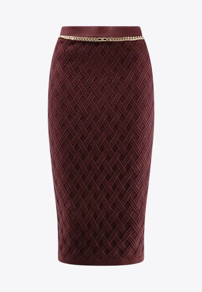 Elisabetta Franchi Diamond Knit Skirt With Merlot Jewel Detail In Burgundy