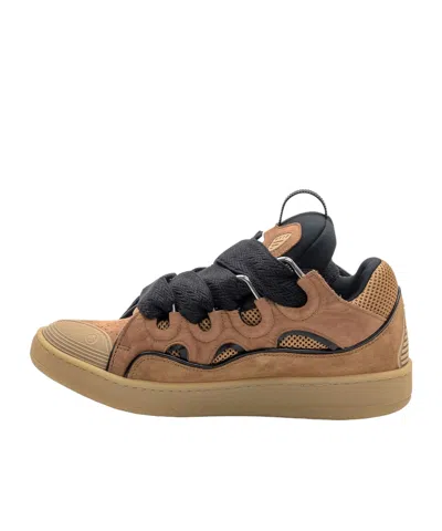 Lanvin Suede Sneakers With Rubber Sole And Pull Tab In Brown