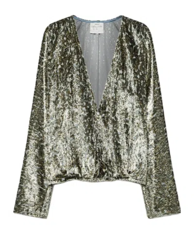 Forte Forte Metallic V-neck Long Sleeve Top In Gray