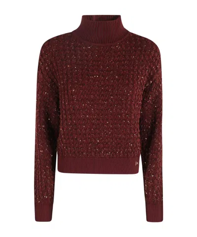 Elisabetta Franchi Cable-knit Tricot Sweater With Sequined Inserts In Burgundy