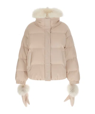 Yves Salomon Doudoune 66 Down Jacket With Fur Collar And Gloves In Neutral