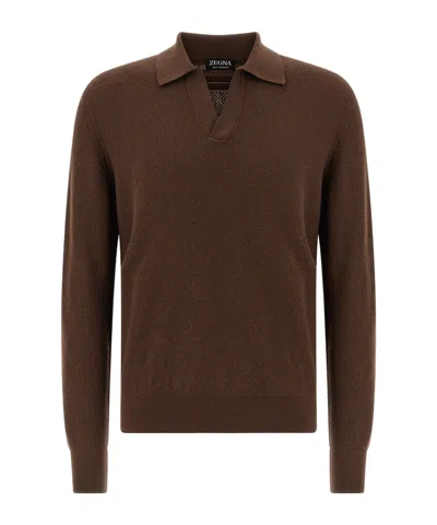 Zegna Cashmere Jacquard Long Sleeve Polo In Brown