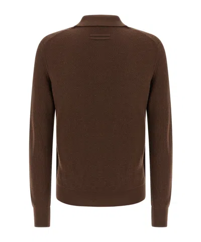 Zegna Cashmere Jacquard Long Sleeve Polo In Brown