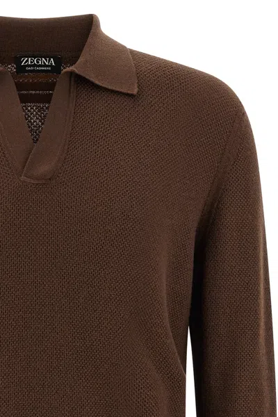 Zegna Cashmere Jacquard Long Sleeve Polo In Brown