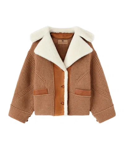 Ermanno Scervino Oversized Cardigan In Merino Wool Blend With Suede Inserts And Shearling Collar In Brown