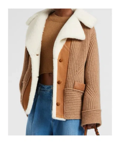 Ermanno Scervino Oversized Cardigan In Merino Wool Blend With Suede Inserts And Shearling Collar In Brown