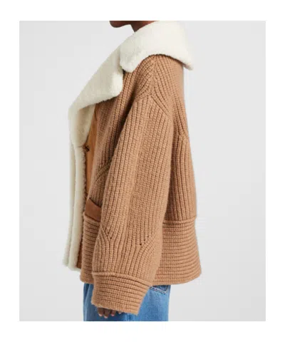 Ermanno Scervino Oversized Cardigan In Merino Wool Blend With Suede Inserts And Shearling Collar In Brown