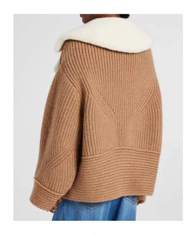 Ermanno Scervino Oversized Cardigan In Merino Wool Blend With Suede Inserts And Shearling Collar In Brown