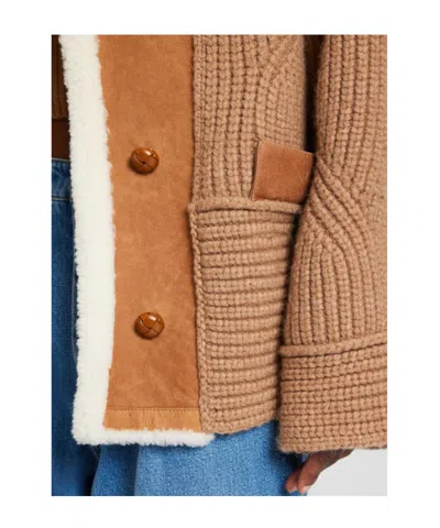 Ermanno Scervino Oversized Cardigan In Merino Wool Blend With Suede Inserts And Shearling Collar In Brown