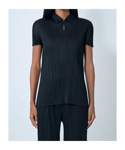 Issey Miyake Pleated Button Polo Top In Black