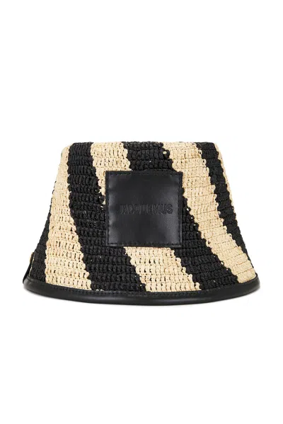 Jacquemus Le Bob Soli Striped Raffia Bucket Hat In Black