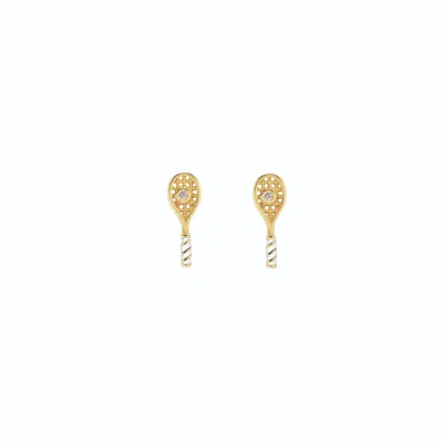 Kris Nations Women's Gold / White Tennis Racket Crystal & Enamel Stud Earrings Gold Vermeil In Multi