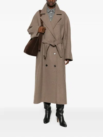 Mark Kenly Domino Tan Belted Double-breasted Coat In Brown