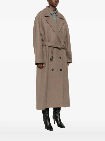 Mark Kenly Domino Tan Belted Double-breasted Coat In Brown