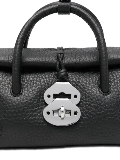 Zanellato Structured Black Hammered Leather Bag With Twist Lock Closure In Black
