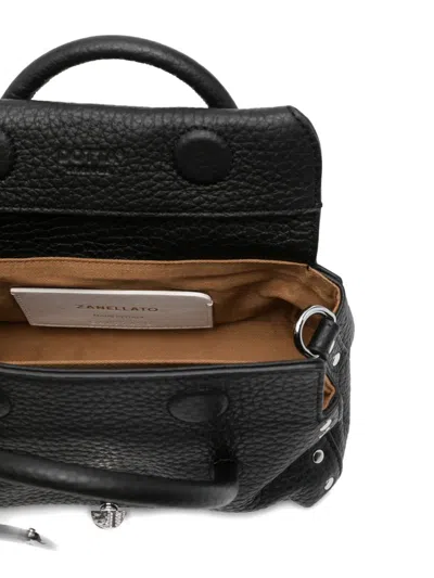 Zanellato Structured Black Hammered Leather Bag With Twist Lock Closure In Black