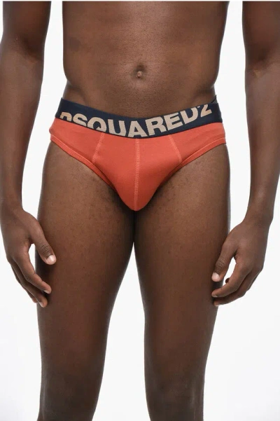 Dsquared2 Stretch Cotton Brief With Logoed Elastic Band In Orange