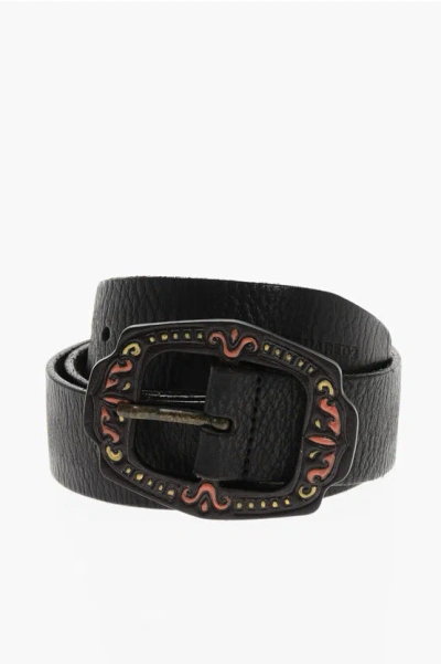 Dsquared2 Textured Leather Belt With Enamelled Leather Buckle 35mm In Black