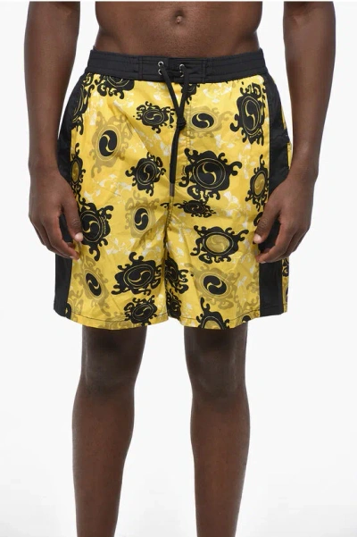 Dsquared2 Yellow Black Printed Men Beachwear Shorts Swimwear In Gold