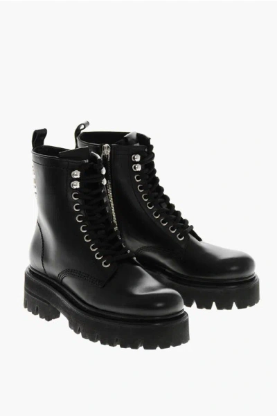 Dsquared2 Leather Icon Combat Booties With Inner Zip In Black