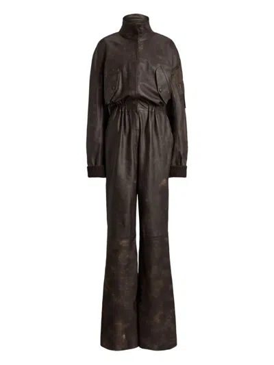 Ralph Lauren High-neck Leather Jumpsuit In Brown
