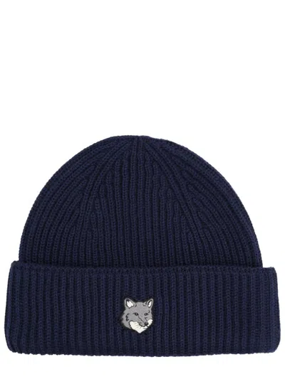Maison Kitsuné Beanie With Fox Patch In Blue