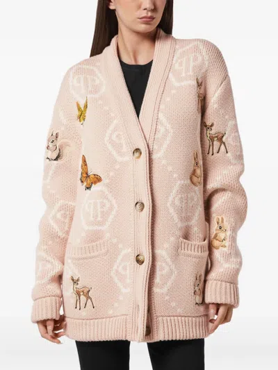 Philipp Plein Long Oversized Cardigan With Fairy Embroidery In Neutral
