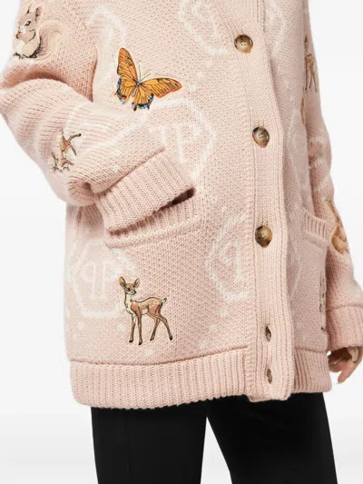 Philipp Plein Long Oversized Cardigan With Fairy Embroidery In Neutral