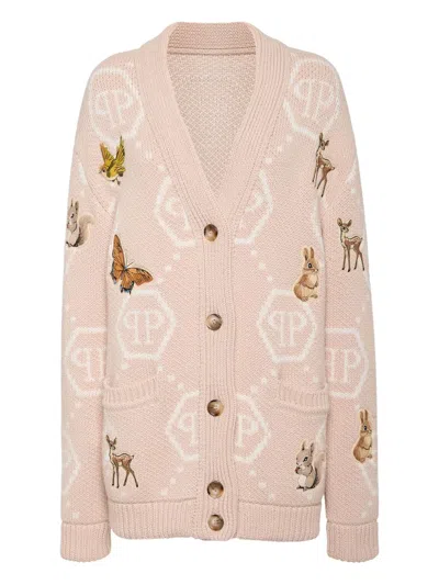 Philipp Plein Long Oversized Cardigan With Fairy Embroidery In Neutral