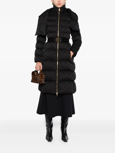 Elisabetta Franchi Quilted Coat With Belt And High Collar In Black