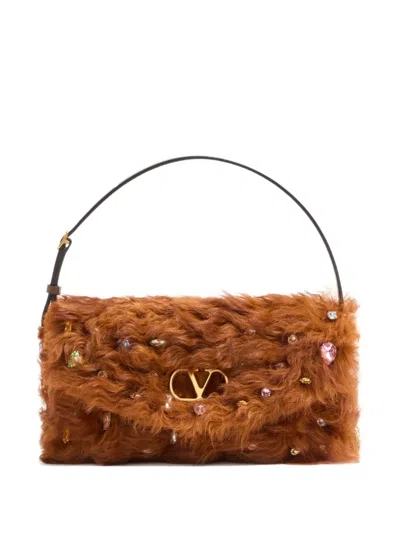 Valentino Vain Strass Fuzzy Shearling Shoulder Bag In Brown