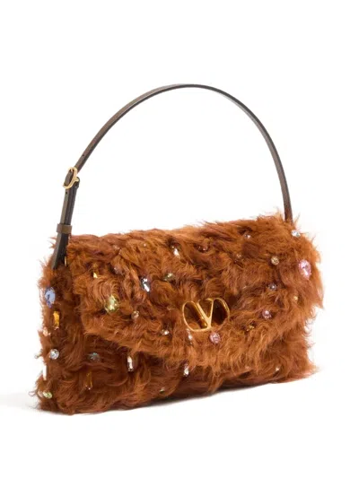 Valentino Vain Strass Fuzzy Shearling Shoulder Bag In Brown