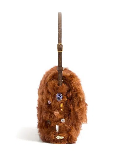 Valentino Vain Strass Fuzzy Shearling Shoulder Bag In Brown