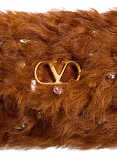 Valentino Vain Strass Fuzzy Shearling Shoulder Bag In Brown