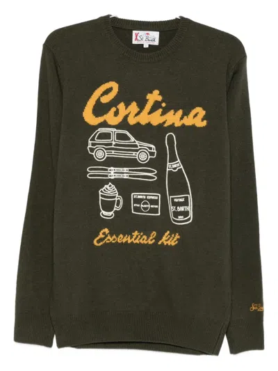 Mc2 Saint Barth Crew Neck Sweater With Ribbed Details And Embroidery In Green