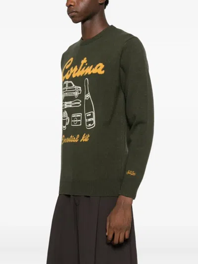 Mc2 Saint Barth Crew Neck Sweater With Ribbed Details And Embroidery In Green