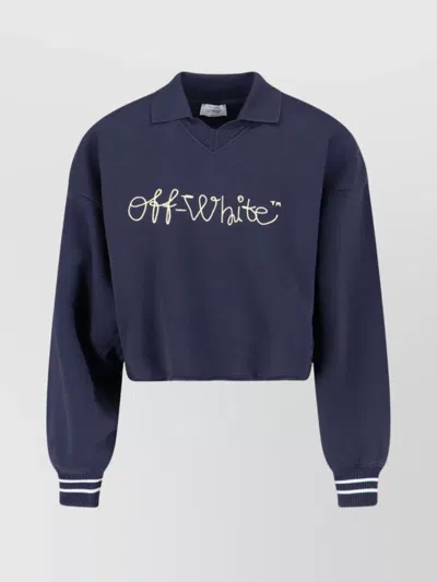 Off-white Embroidered Script Logo Crop Polo Sweater In Blue