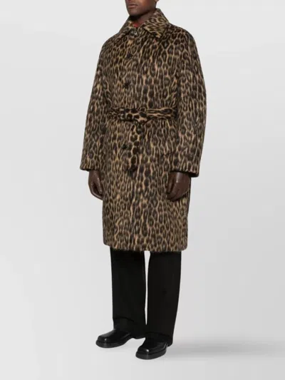 Lanvin Long Animal Print Coat With Belted Waist In Brown
